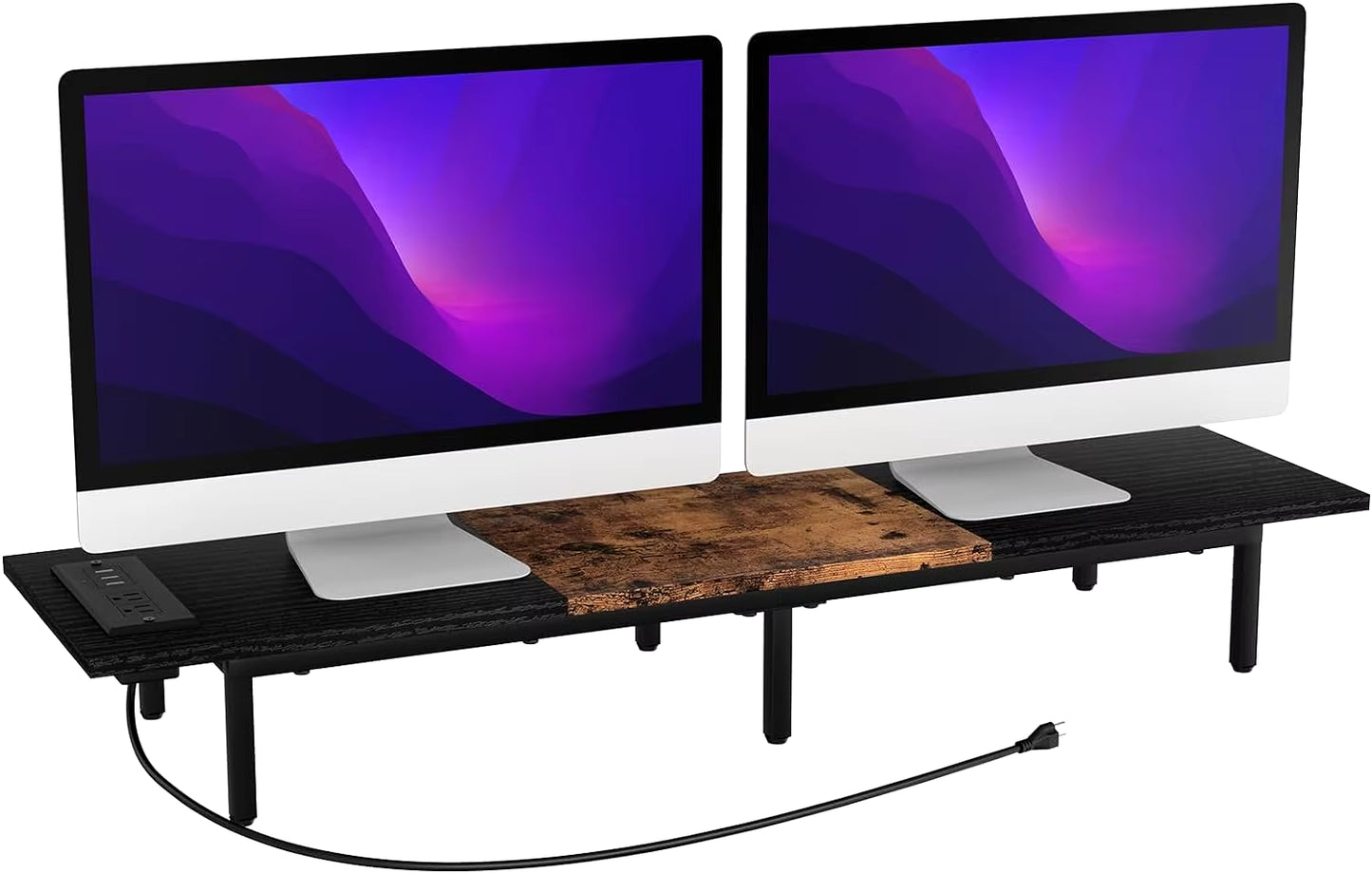 Monitor Stand for 2 Monitors Long Monitor Riser with USB Ports Wood Desktop Computer Riser Monitor Shelf Holder Stand