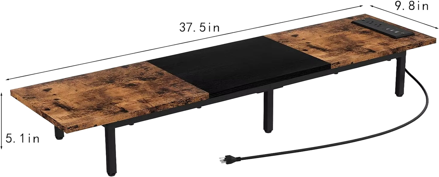 Monitor Stand for 2 Monitors Long Monitor Riser with USB Ports Wood Desktop Computer Riser Monitor Shelf Holder Stand
