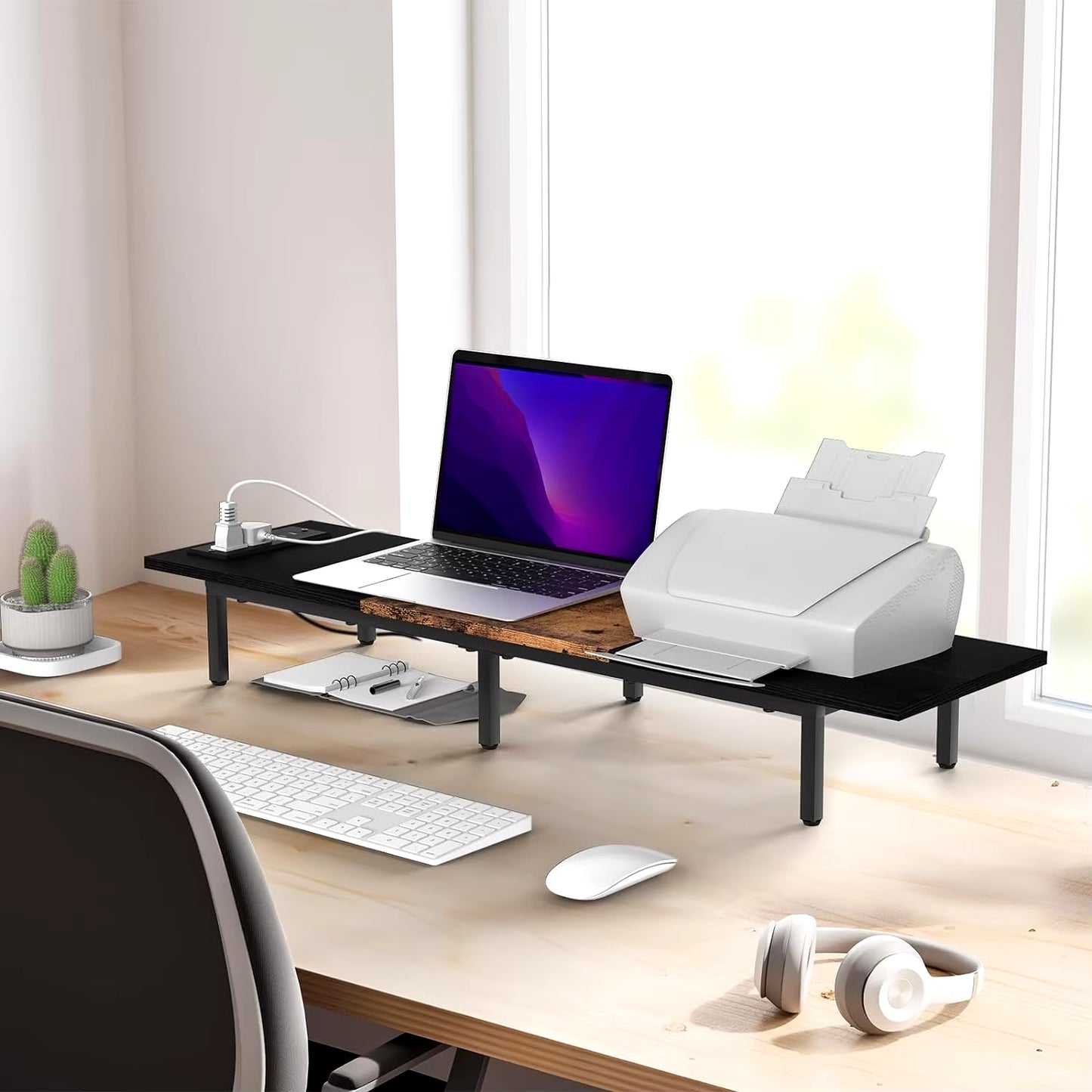 Monitor Stand for 2 Monitors Long Monitor Riser with USB Ports Wood Desktop Computer Riser Monitor Shelf Holder Stand