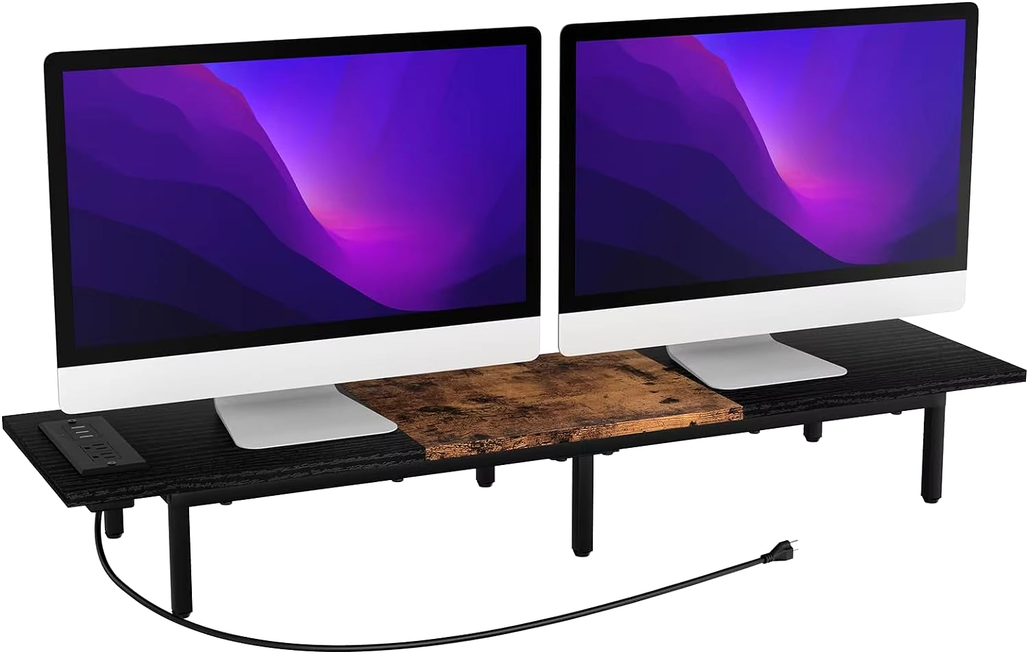 Monitor Stand for 2 Monitors Long Monitor Riser with USB Ports Wood Desktop Computer Riser Monitor Shelf Holder Stand