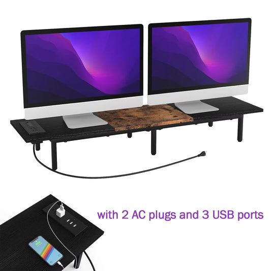 Monitor Stand for 2 Monitors Long Monitor Riser with USB Ports Wood Desktop Computer Riser Monitor Shelf Holder Stand